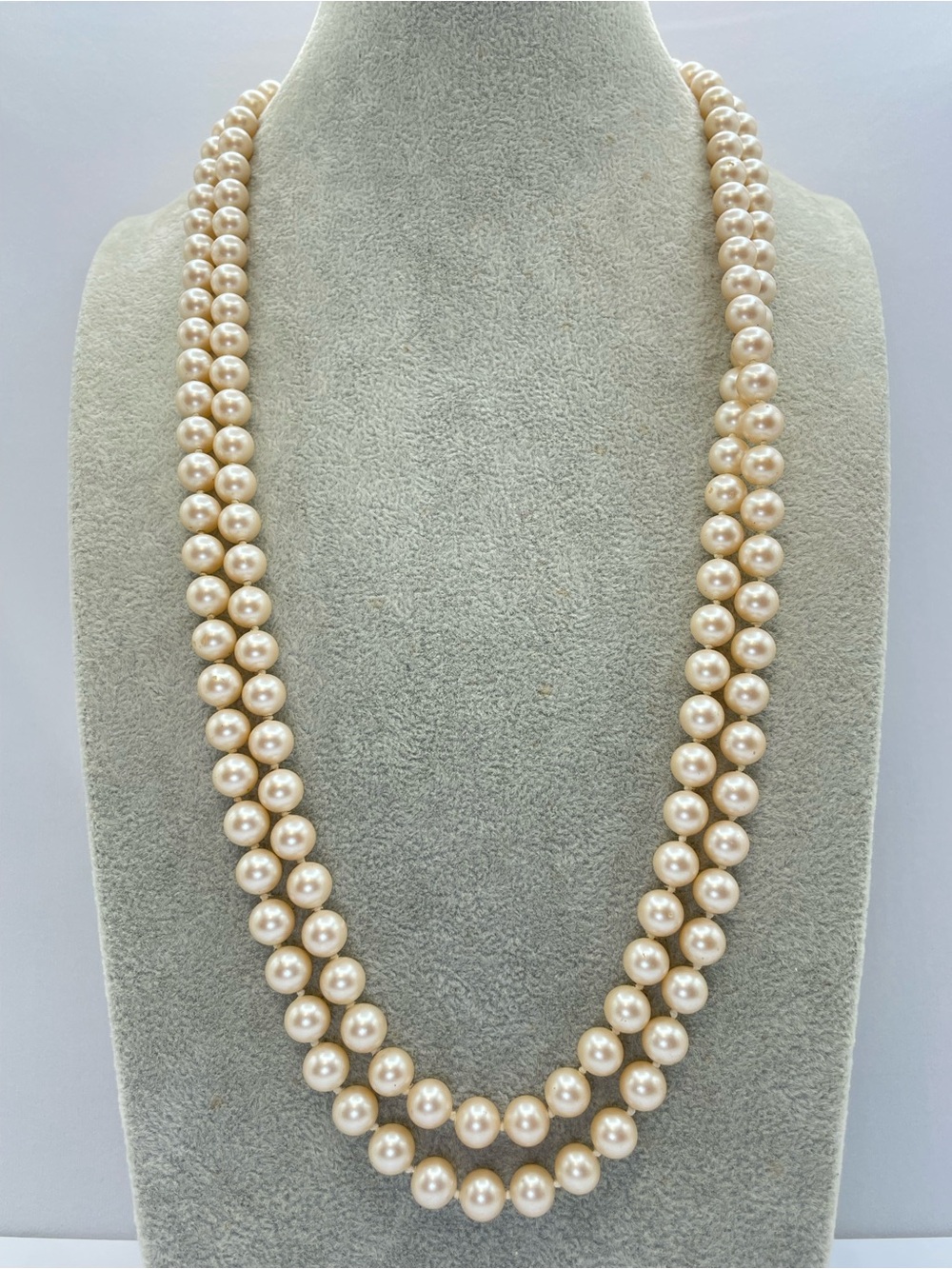 Vintage Double Strand Faux Glass Pearl Necklace Silver Tone Clasp Classic Bridal